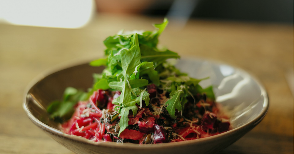 beetroot and kale salad with miso balsamic glaze.