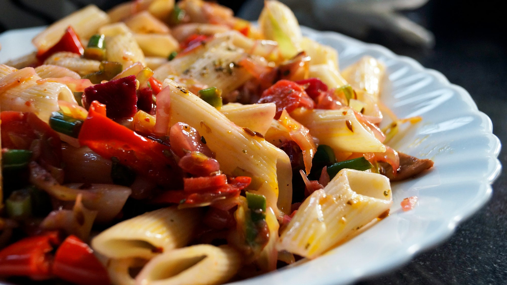 tomato and feta pasta salad. image