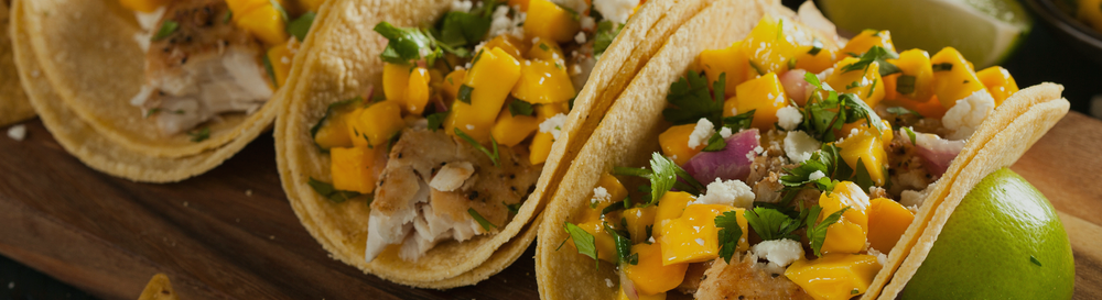 crispy fish tacos with mango salsa.